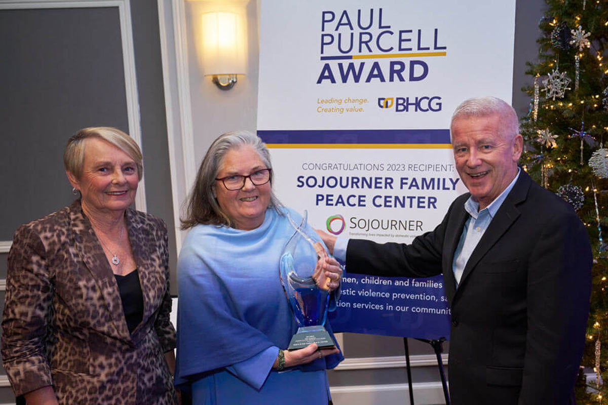 The Paul Purcell Leading Change, Creating Value Award was presented by Dianne Kiehl, BHCG Executive Director Emeritus, to the Sojourner Family Peace Center and was accepted by Carmen Pitre, Sojourner's President and CEO