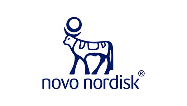 Novo Nordisk logo: blue stylized bull with a circular ring above it, and the text 'novo nordisk' underneath.