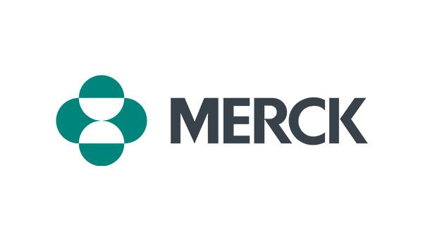 Merck logo: teal geometric emblem to the left of the bold MERCK wordmark on white background