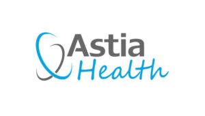 Astia Health logo featuring gray 'Astia' and blue 'Health' typography with a blue curved heart motif.