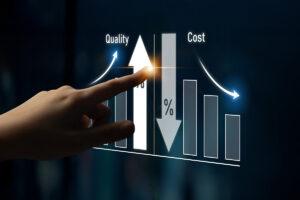 Person's finger points at a bar chart labeled 'Quality' rising on the left and 'Cost' declining on the right, illustrating trade-off.